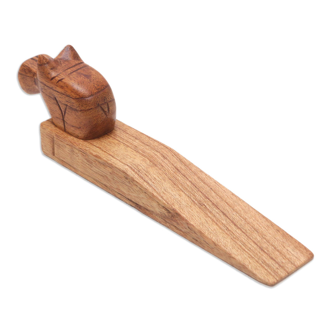 Hand-Carved Hippo Wood Door Stop in Natural Brown - Protective Hippo