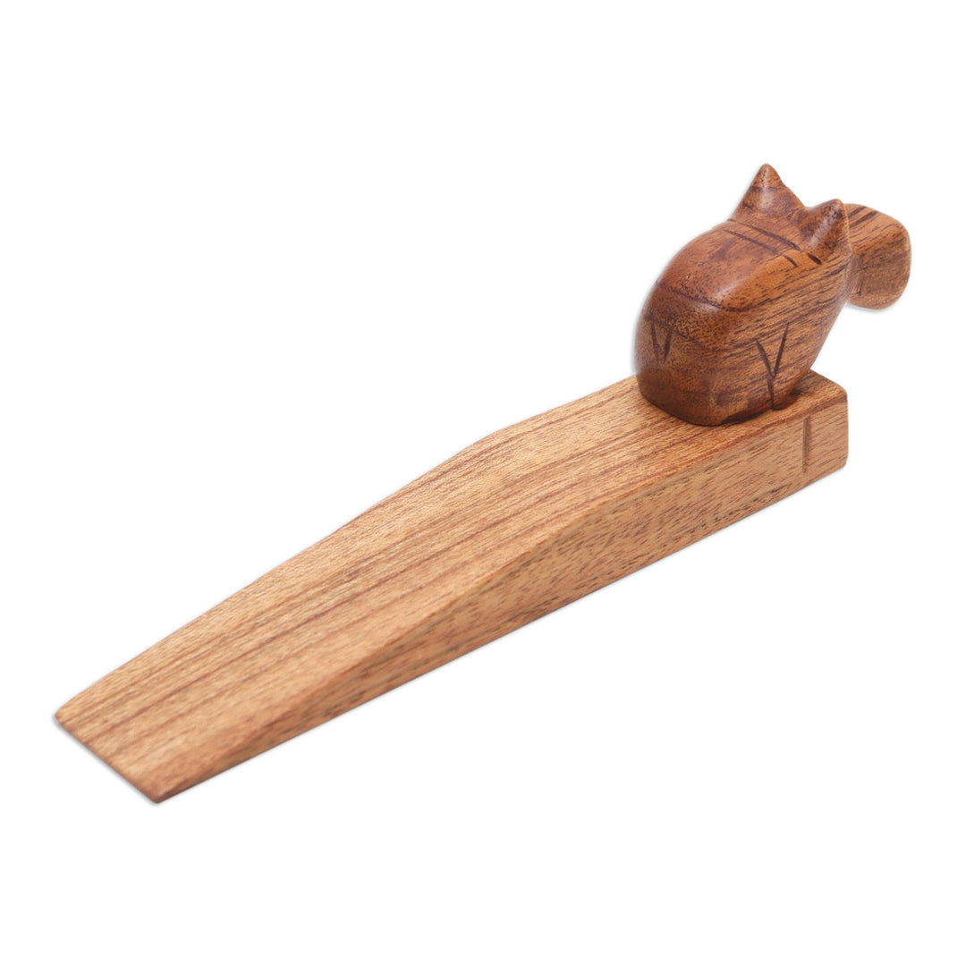 Hand-Carved Hippo Wood Door Stop in Natural Brown - Protective Hippo