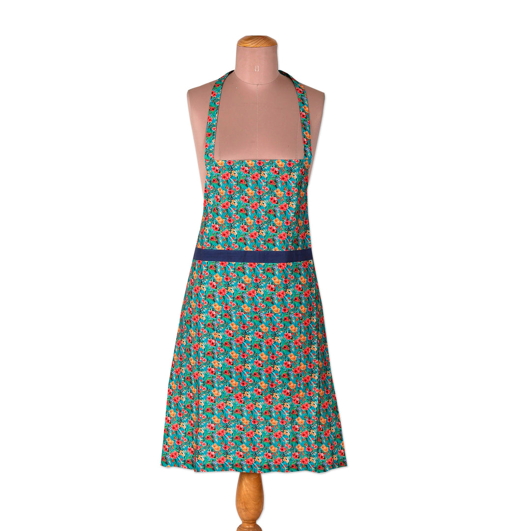 Set of 3 Floral Turquoise Cotton Apron and Kitchen Utensils - Floral Flavors