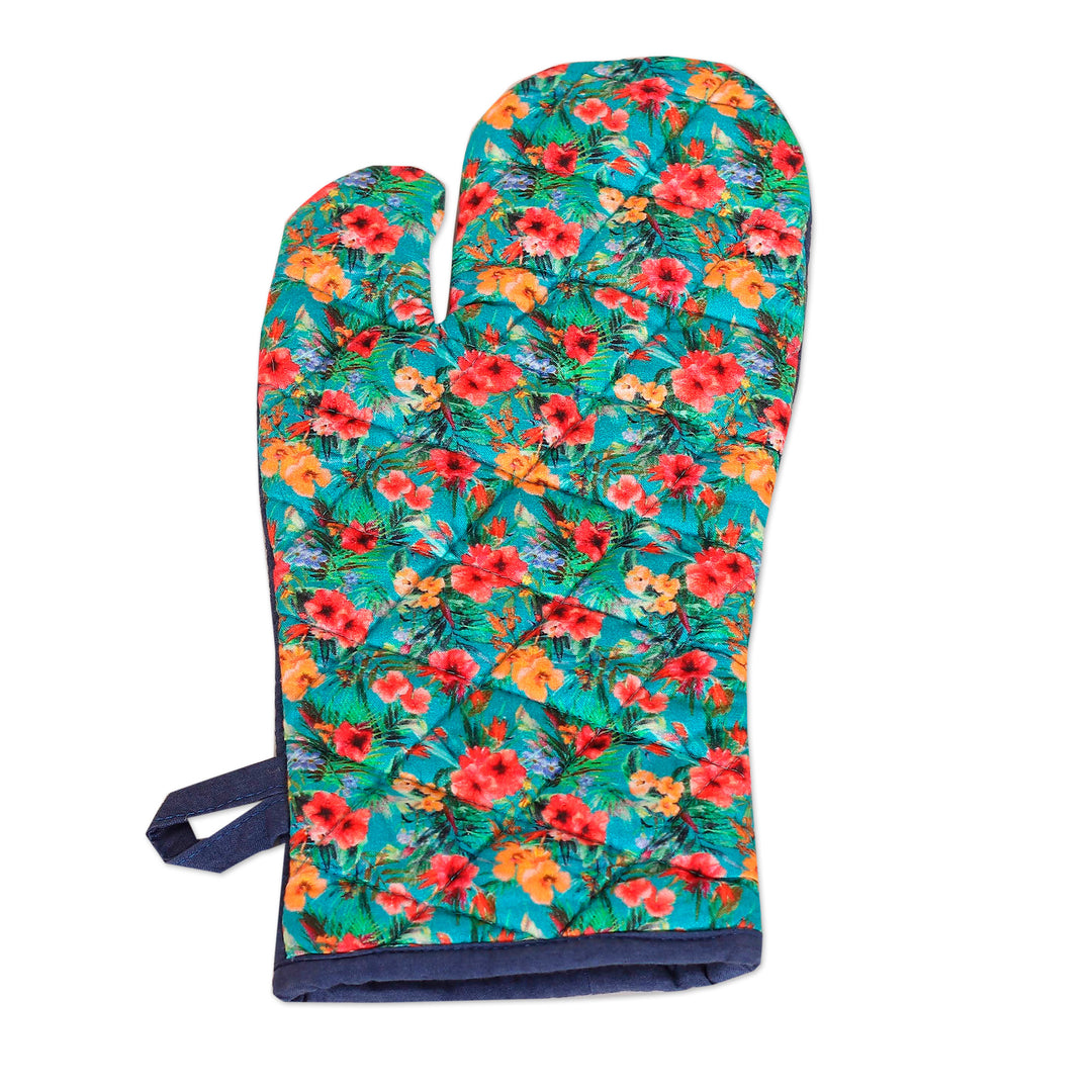 Set of 3 Floral Turquoise Cotton Apron and Kitchen Utensils - Floral Flavors