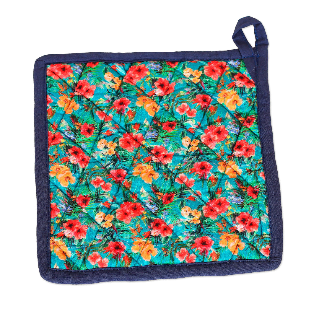 Set of 3 Floral Turquoise Cotton Apron and Kitchen Utensils - Floral Flavors