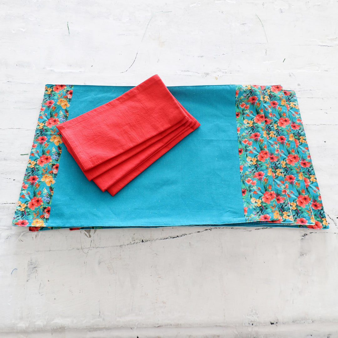 Cotton Placemats and Napkins with Floral Motif (Set of 4) - Floral Greetings