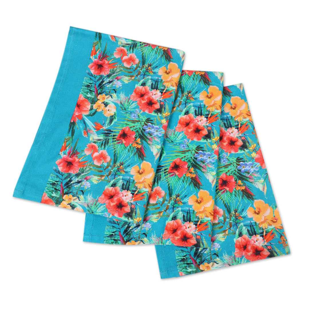 Set of 3 Turquoise Cotton Dish Towels with Floral Motifs - Floral Affection