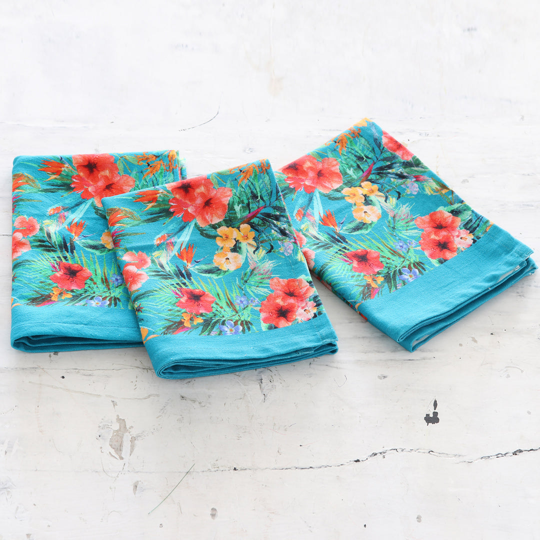 Set of 3 Turquoise Cotton Dish Towels with Floral Motifs - Floral Affection