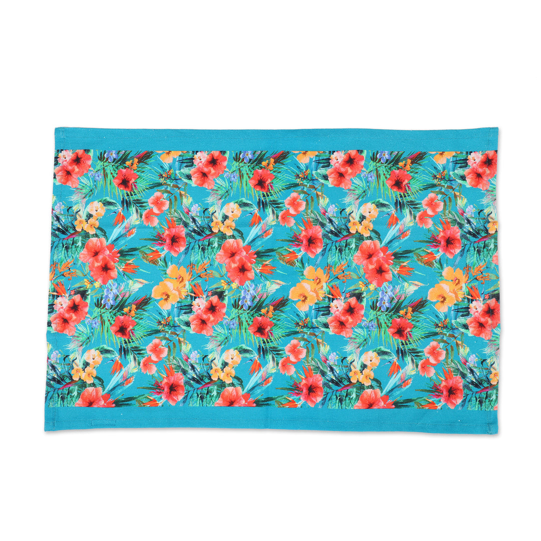 Set of 3 Turquoise Cotton Dish Towels with Floral Motifs - Floral Affection