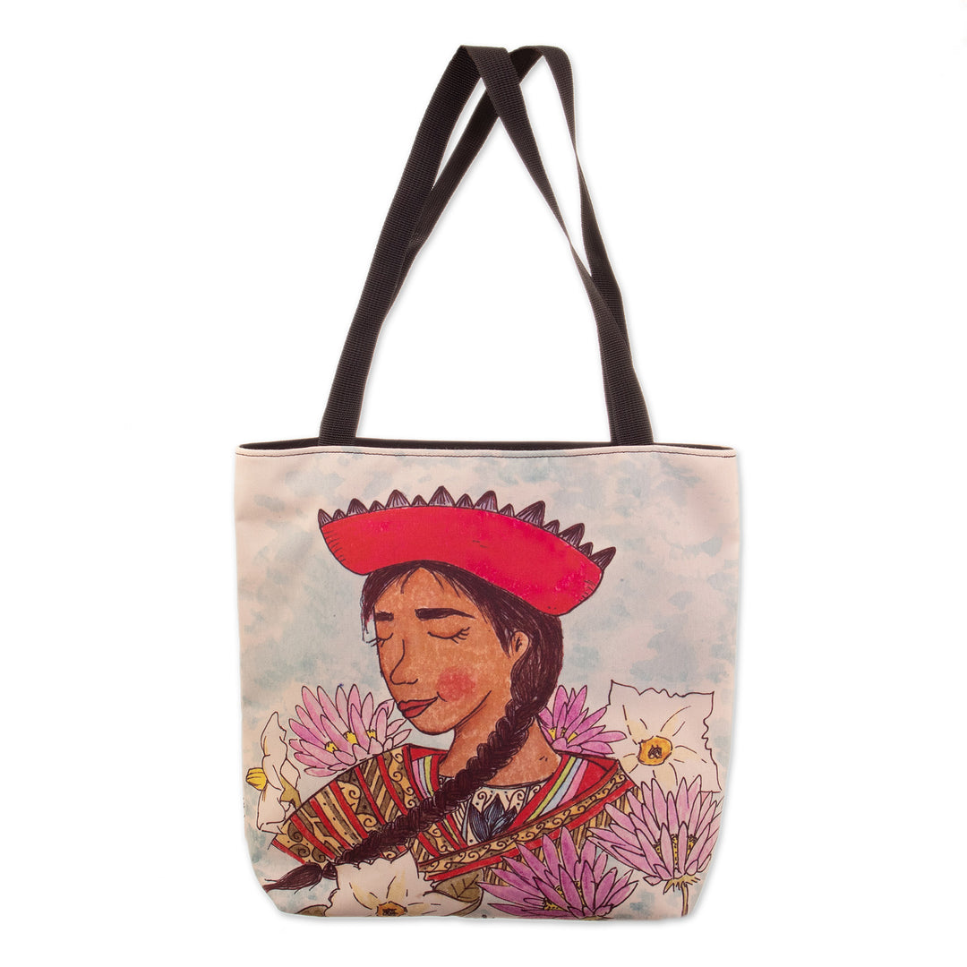 Tote Bag with Andean Lady Print and Floral Motifs - Lady Andes