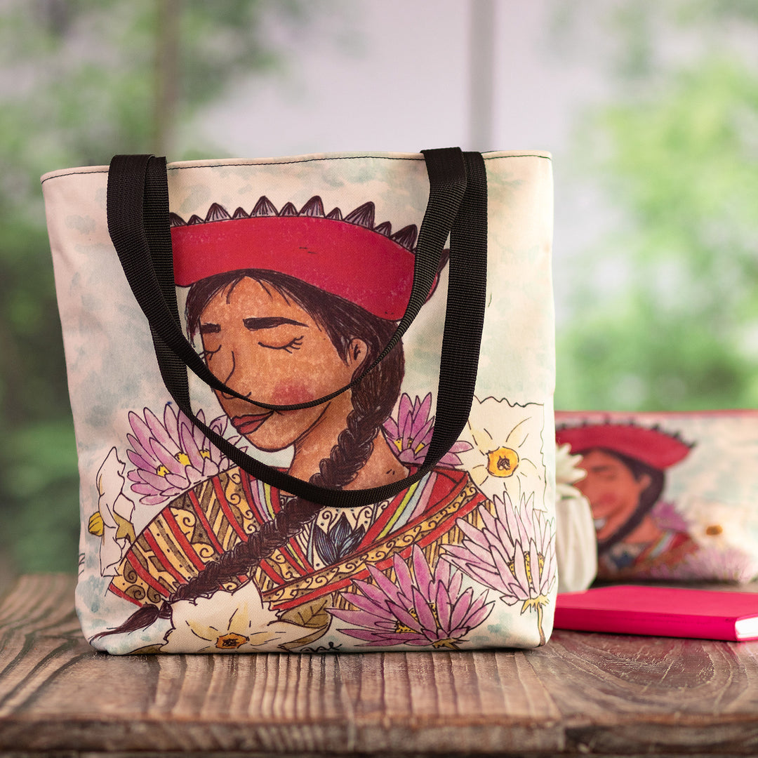 Tote Bag with Andean Lady Print and Floral Motifs - Lady Andes