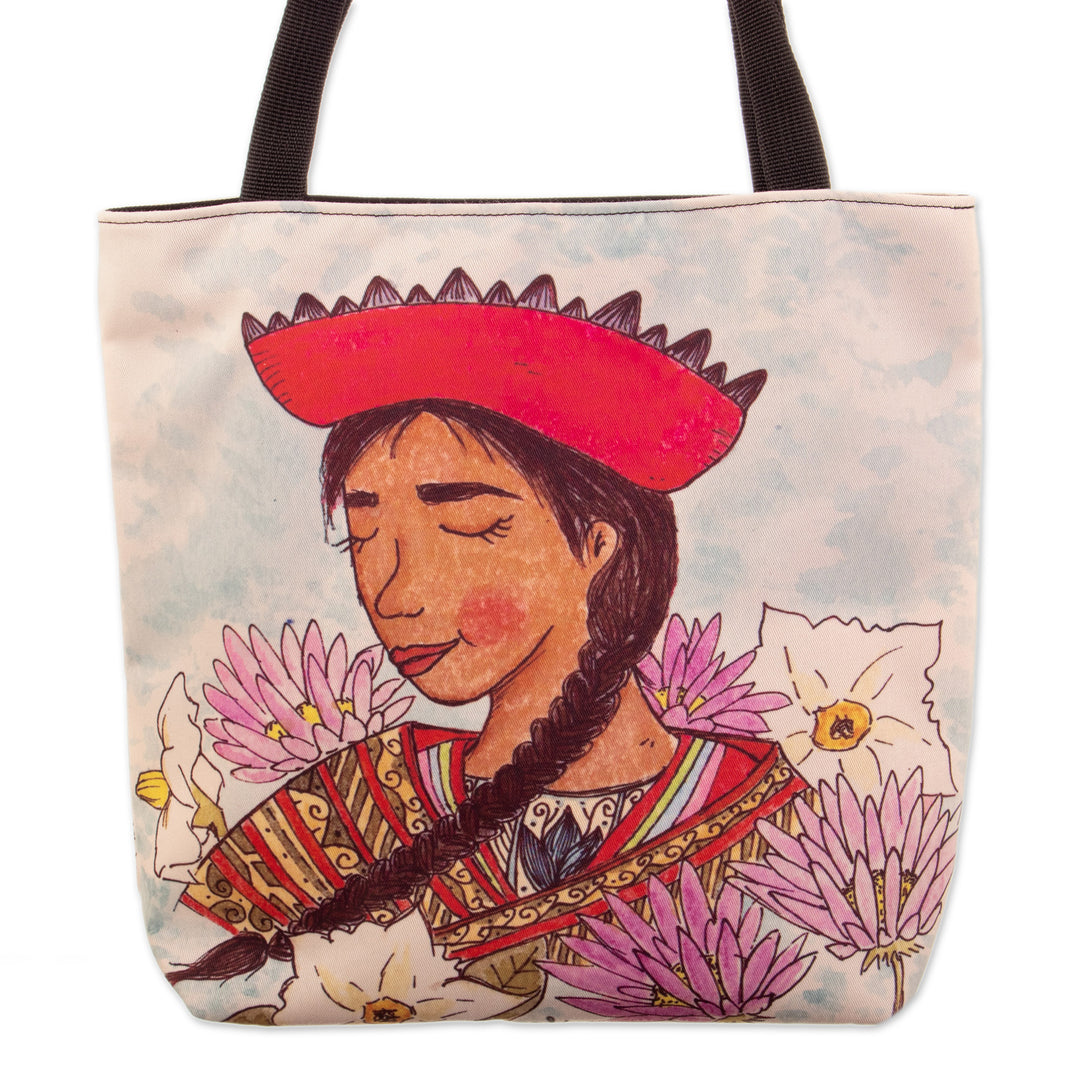 Tote Bag with Andean Lady Print and Floral Motifs - Lady Andes