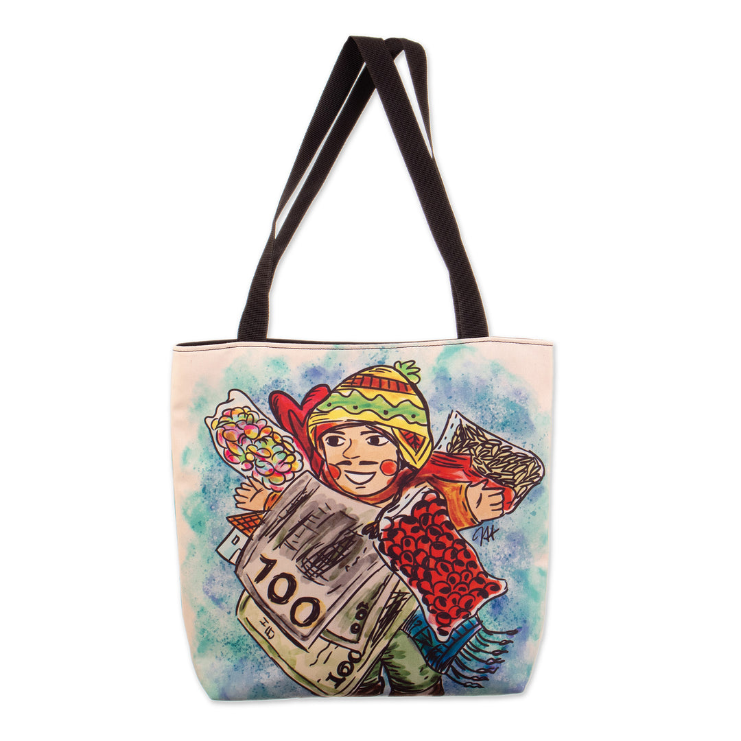 Tote Bag with Frugal Ekeko Print and Zippered Closure - Frugal Celebration