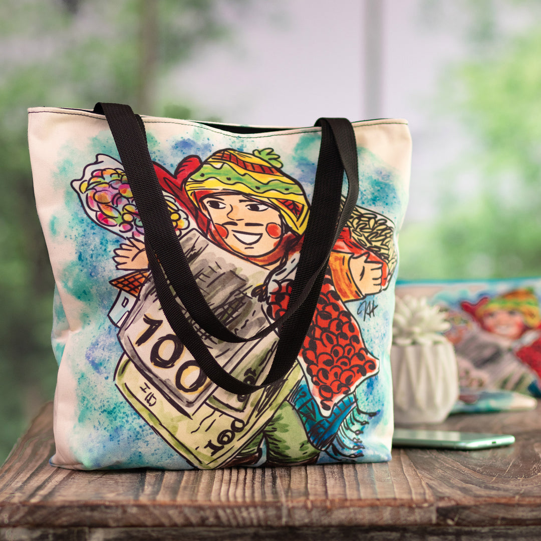 Tote Bag with Frugal Ekeko Print and Zippered Closure - Frugal Celebration