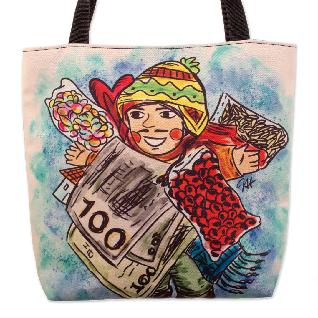 Tote Bag with Frugal Ekeko Print and Zippered Closure - Frugal Celebration
