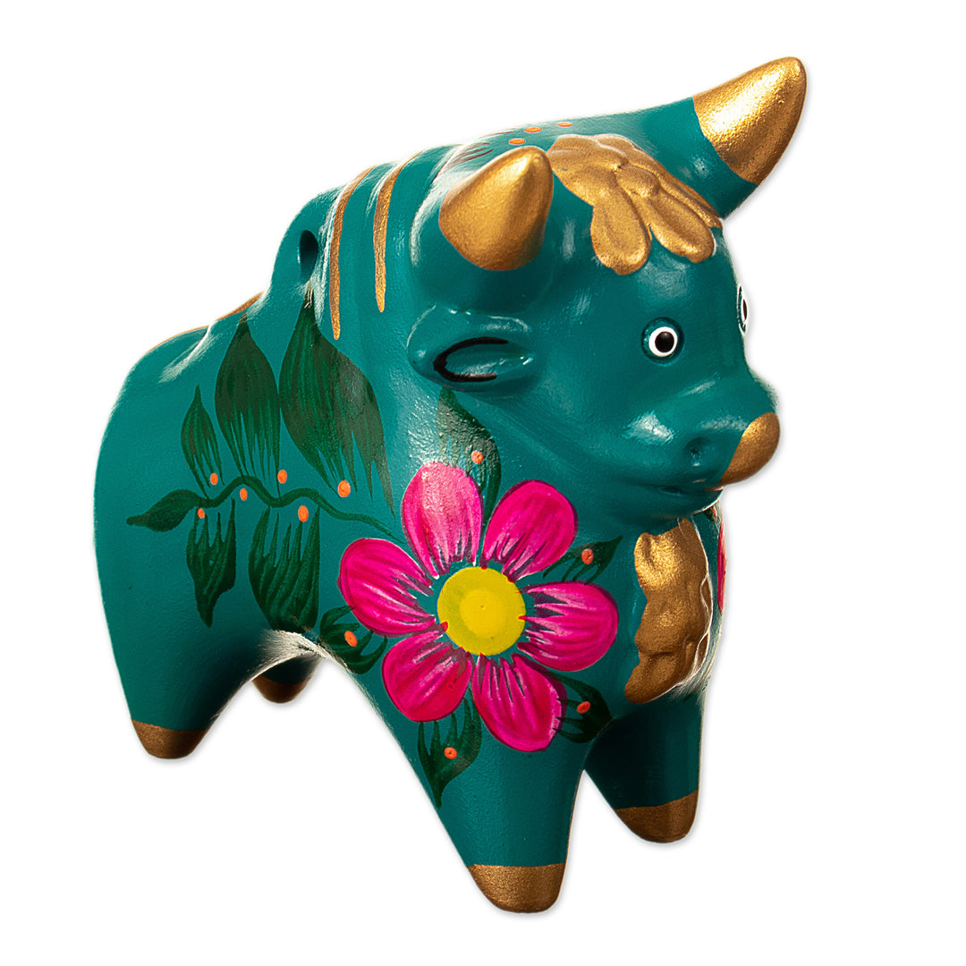 Hand-Painted Green Petite Floral Ceramic Pucara Bull - Prosperity Bull