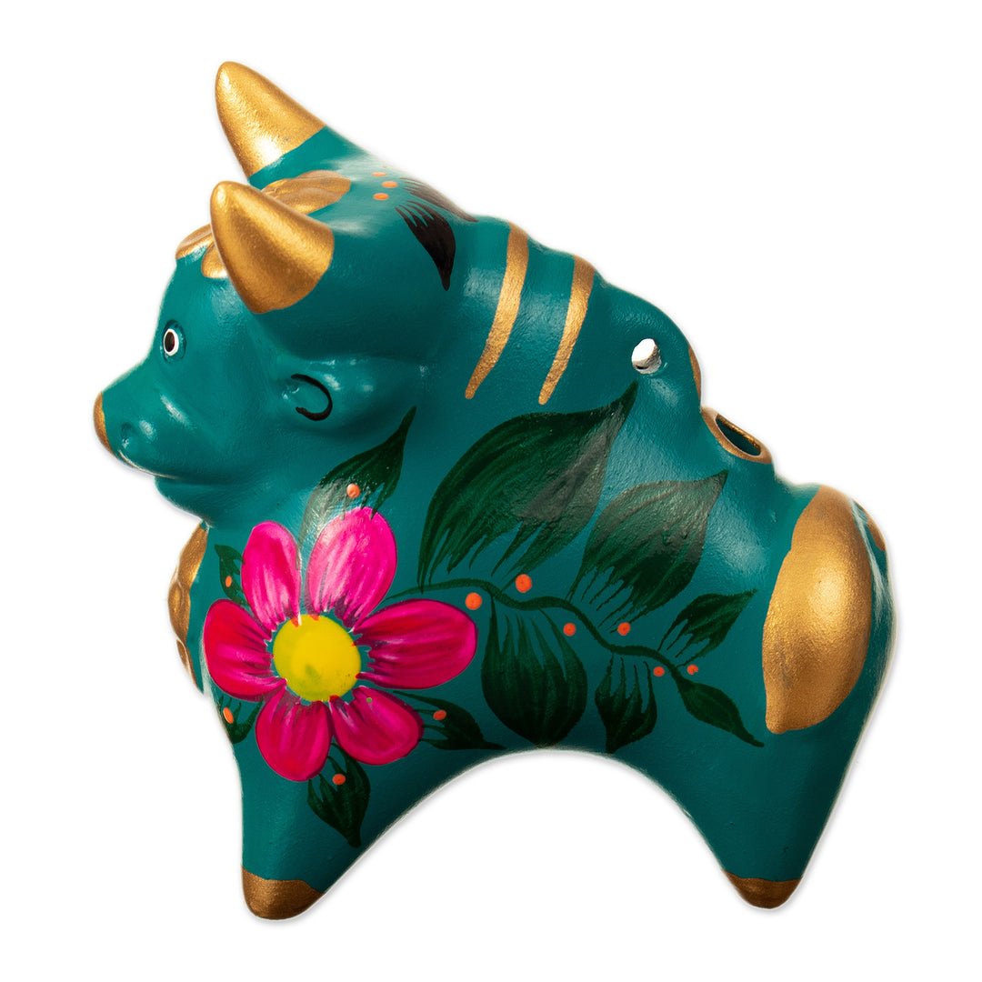 Hand-Painted Green Petite Floral Ceramic Pucara Bull - Prosperity Bull