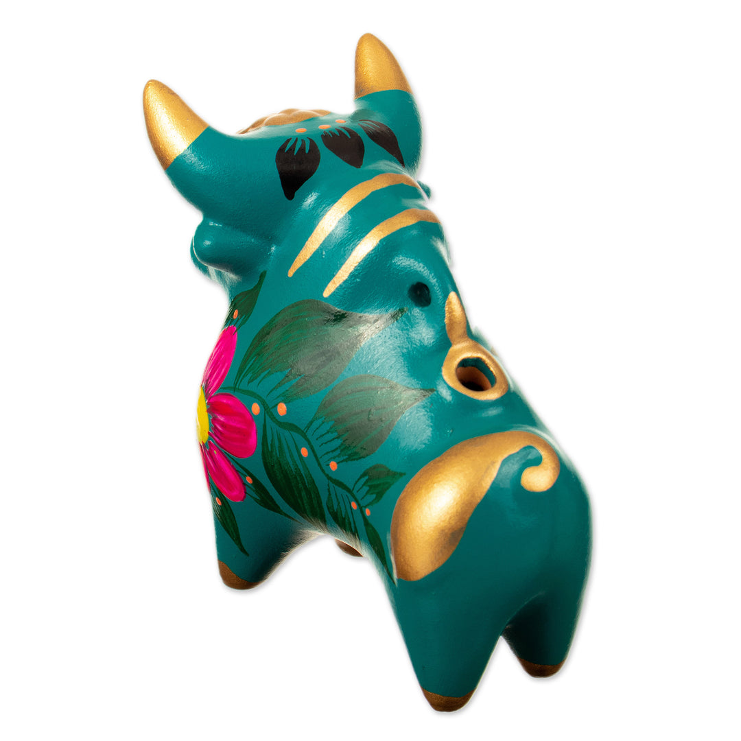 Hand-Painted Green Petite Floral Ceramic Pucara Bull - Prosperity Bull
