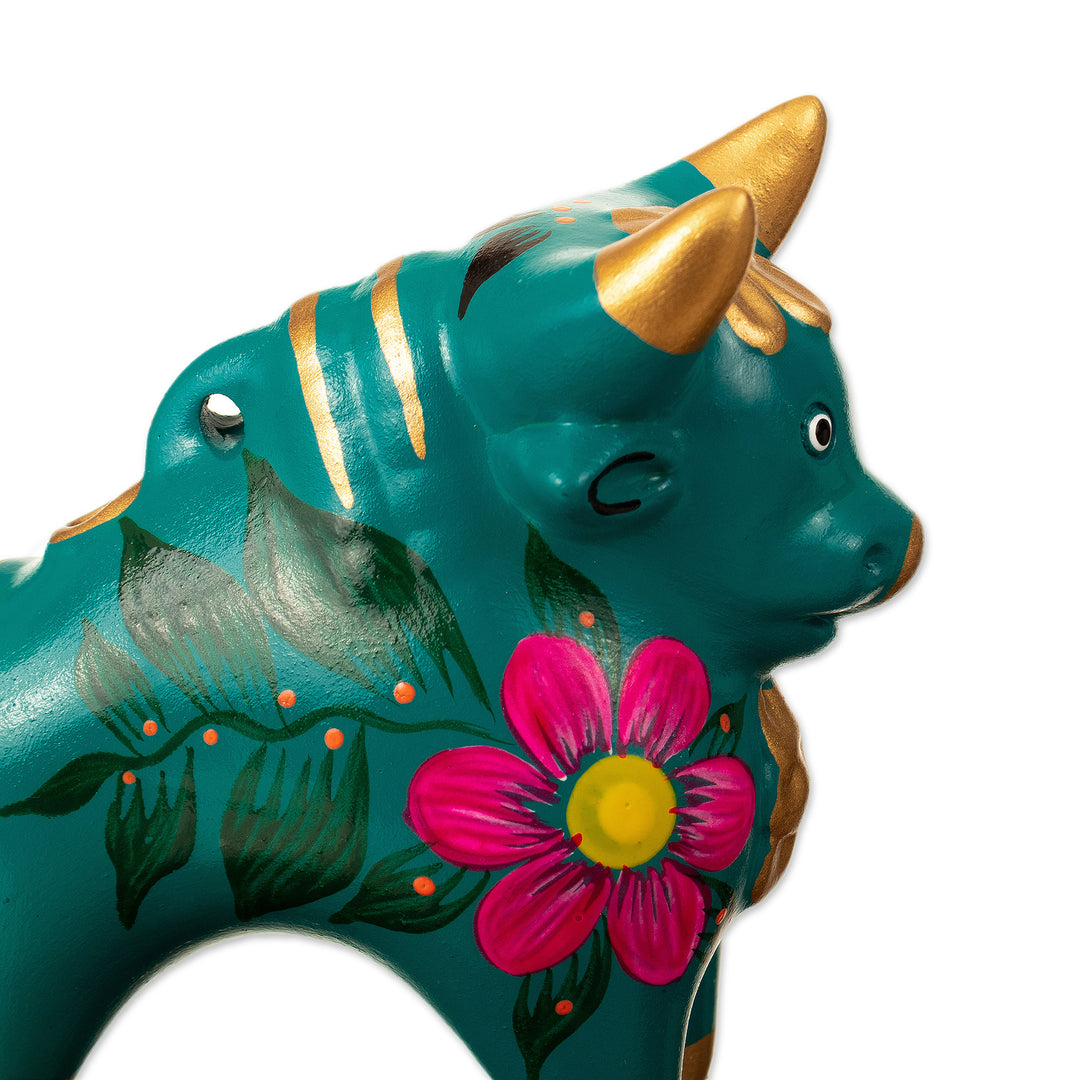 Hand-Painted Green Petite Floral Ceramic Pucara Bull - Prosperity Bull