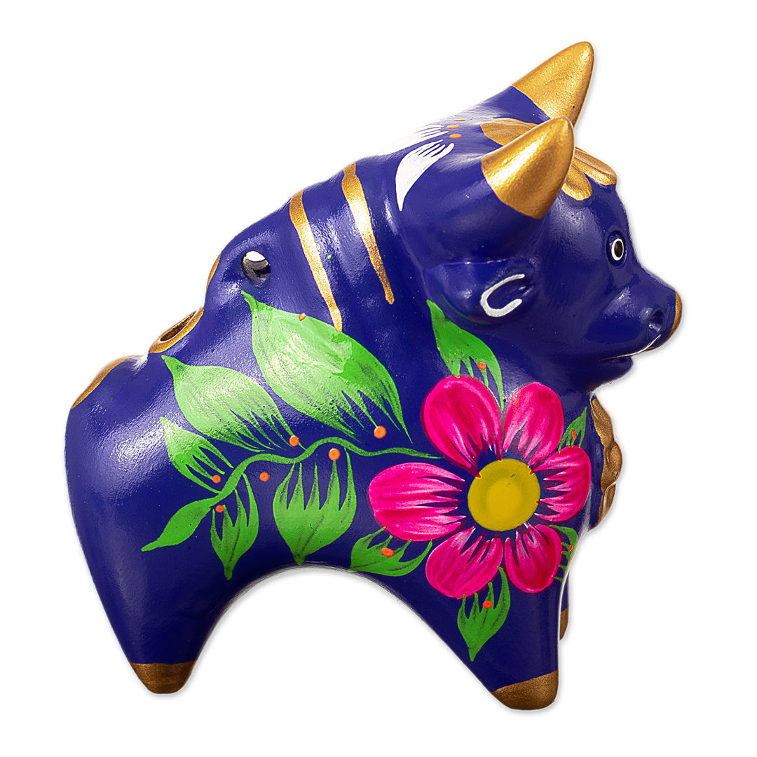 3-Inch Blue Hand-Painted Ceramic Pucara Bull Figurine - Confidence Bull