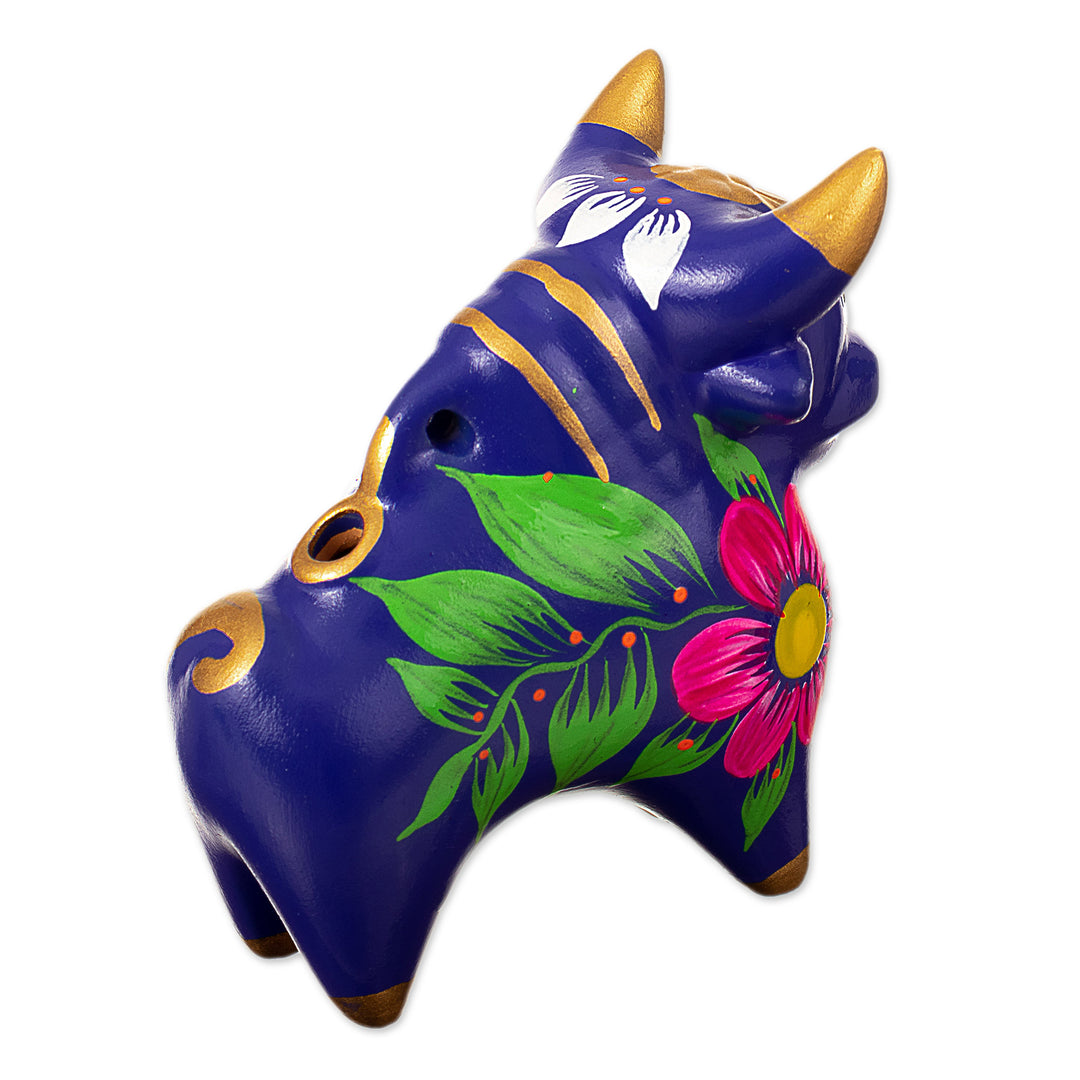 3-Inch Blue Hand-Painted Ceramic Pucara Bull Figurine - Confidence Bull
