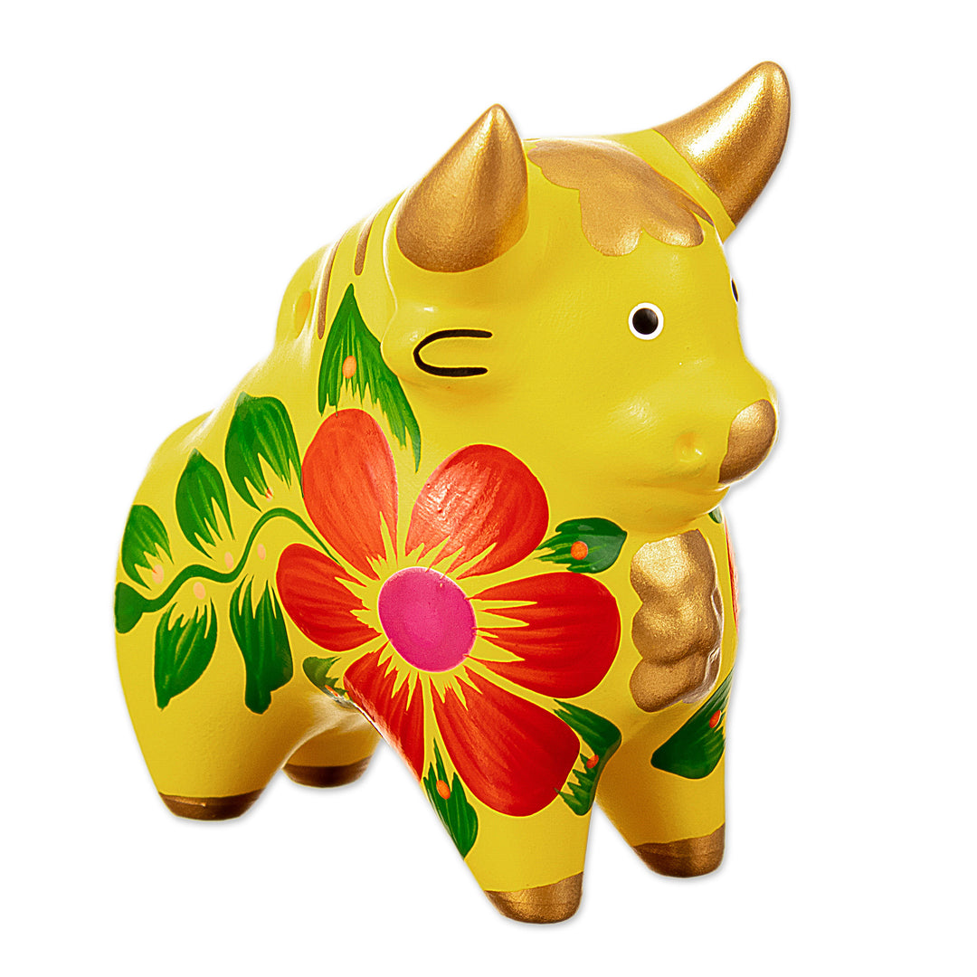 Petite Yellow Hand-Painted Ceramic Pucara Bull Figurine - Lucky Bull