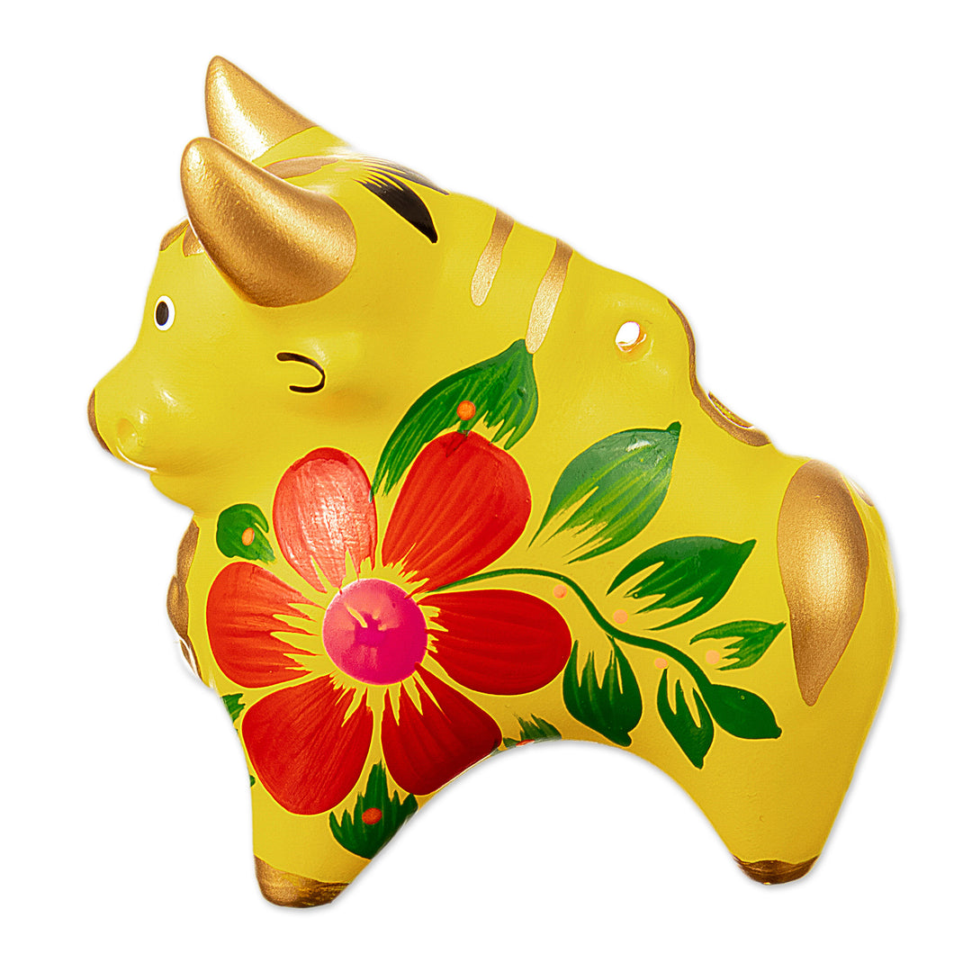 Petite Yellow Hand-Painted Ceramic Pucara Bull Figurine - Lucky Bull