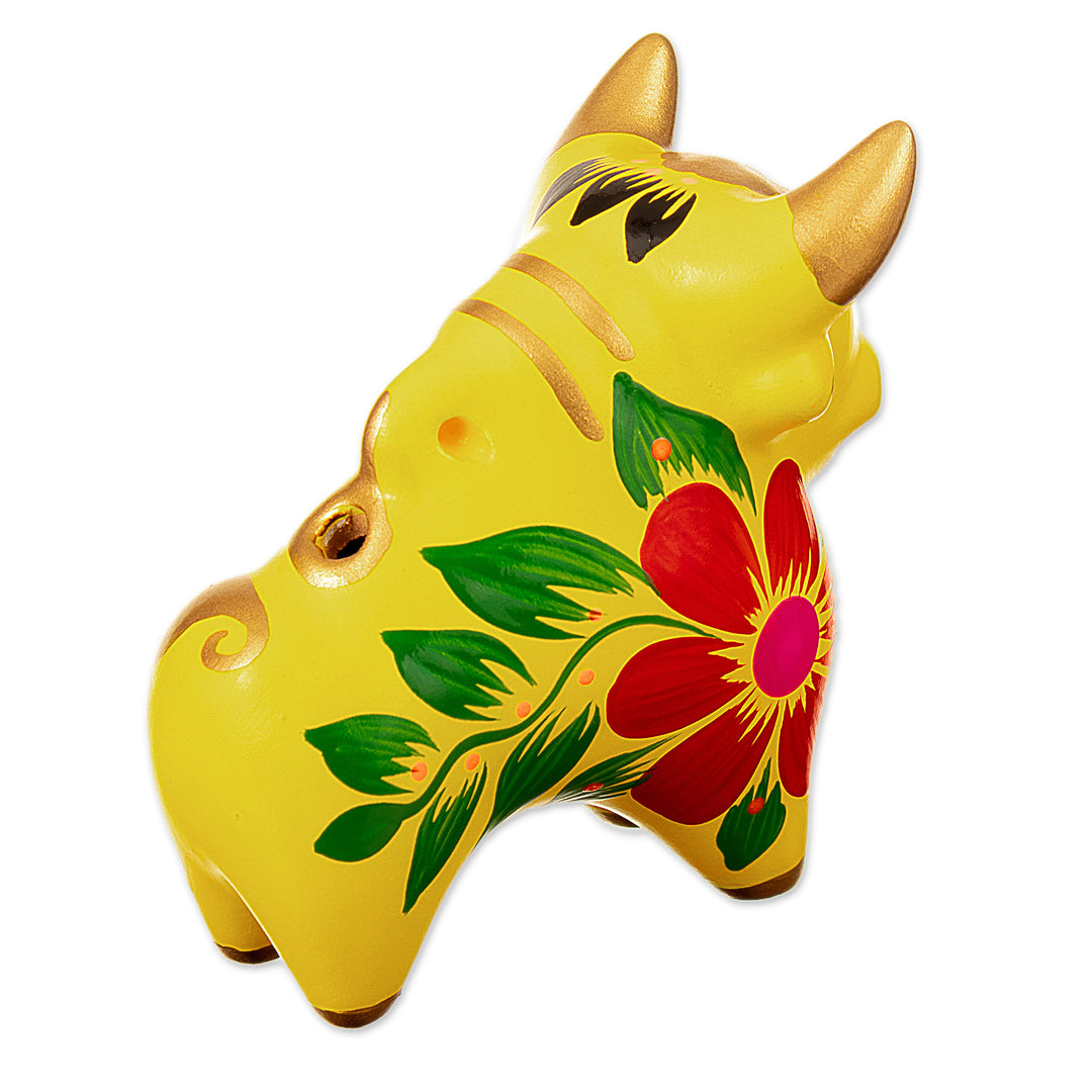 Petite Yellow Hand-Painted Ceramic Pucara Bull Figurine - Lucky Bull