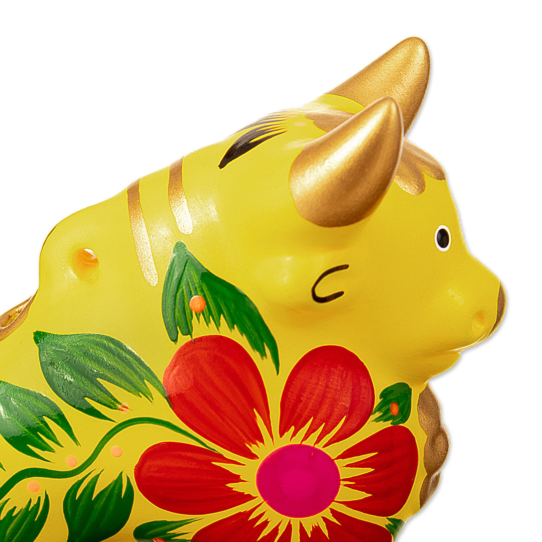 Petite Yellow Hand-Painted Ceramic Pucara Bull Figurine - Lucky Bull