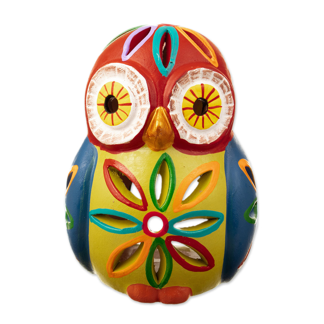 Ceramic Owl Tealight Candle Holder Hand-Painted in Peru - Rainbow Owl