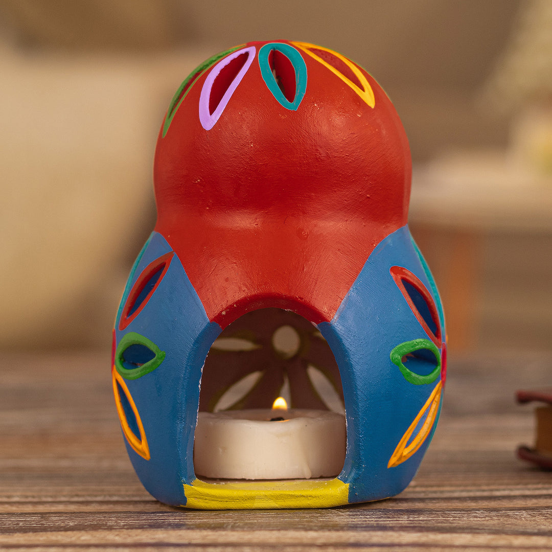 Ceramic Owl Tealight Candle Holder Hand-Painted in Peru - Rainbow Owl