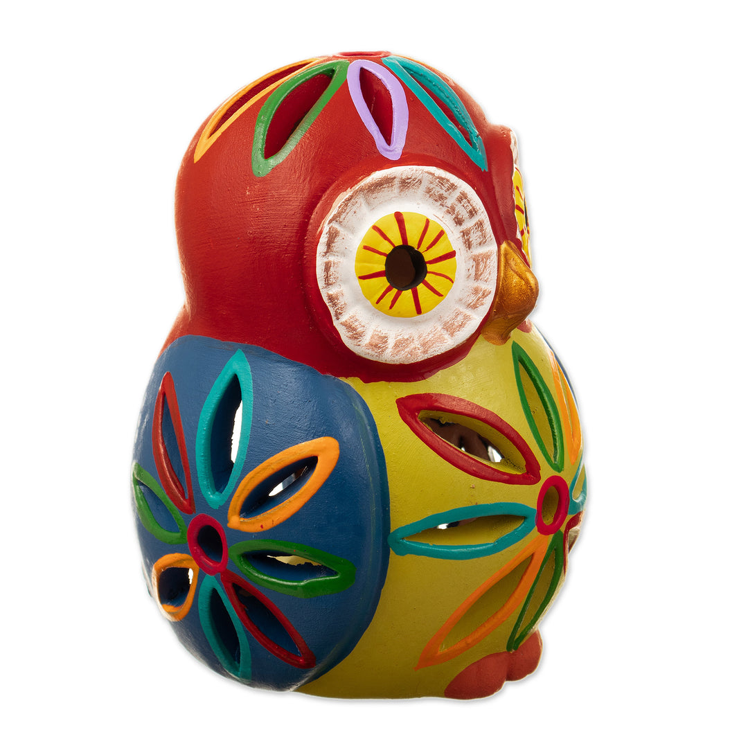 Ceramic Owl Tealight Candle Holder Hand-Painted in Peru - Rainbow Owl
