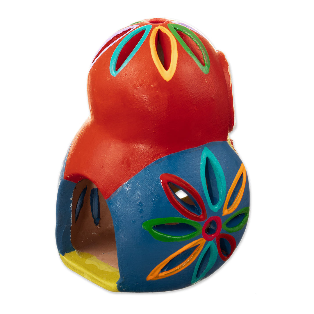 Ceramic Owl Tealight Candle Holder Hand-Painted in Peru - Rainbow Owl