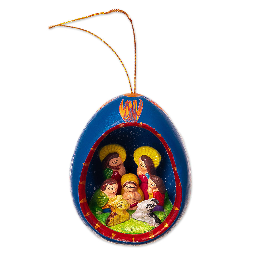 Ceramic Nativity Christmas Ornament Hand-Painted in Peru - Blue Nativity Egg