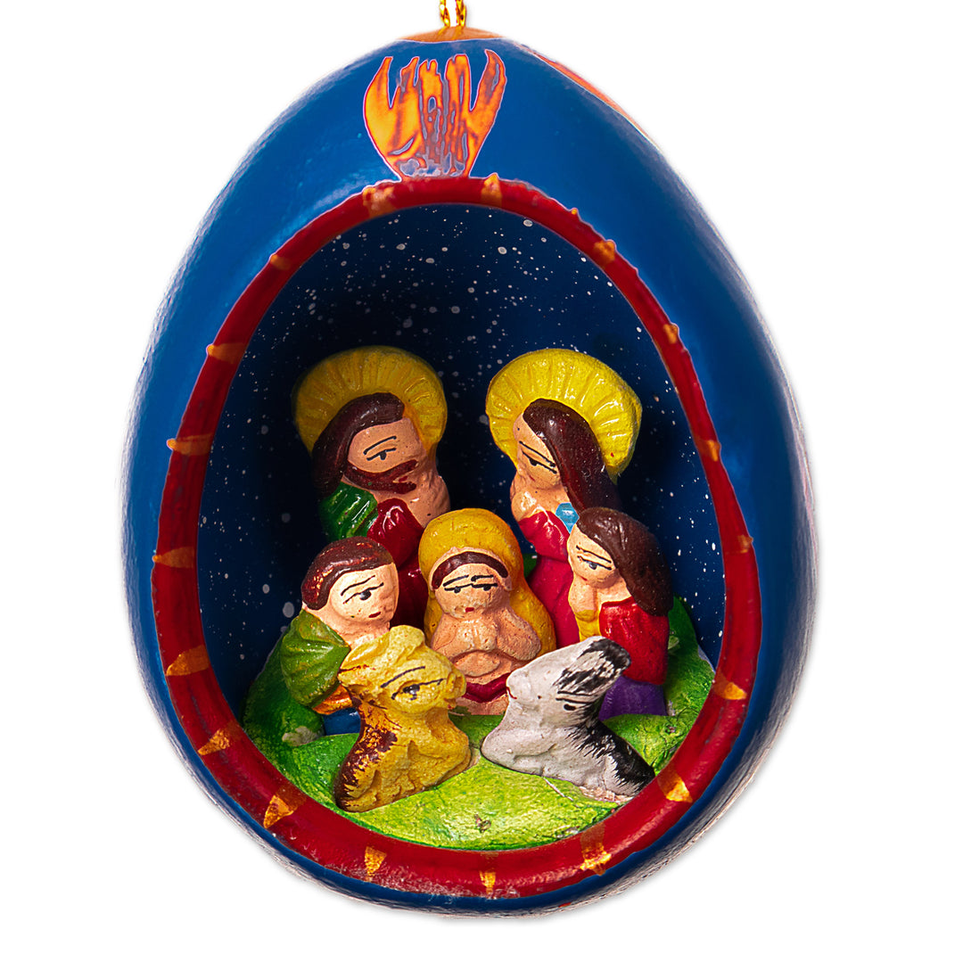 Ceramic Nativity Christmas Ornament Hand-Painted in Peru - Blue Nativity Egg