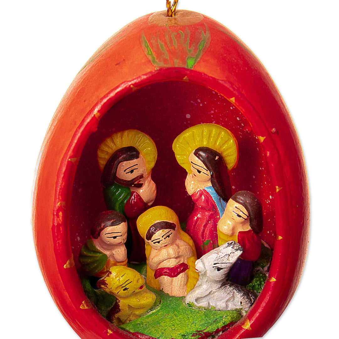 Red Ceramic Nativity Christmas Ornament Hand-Painted in Peru - Crimson Nativity Egg