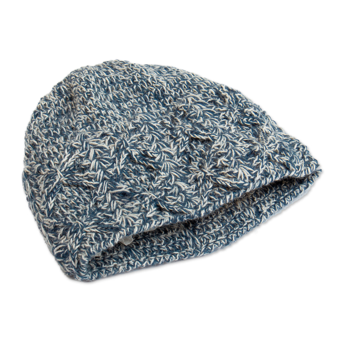 Handcrafted Crocheted 100% Alpaca Hat in Blue and Grey - Cozy Blue