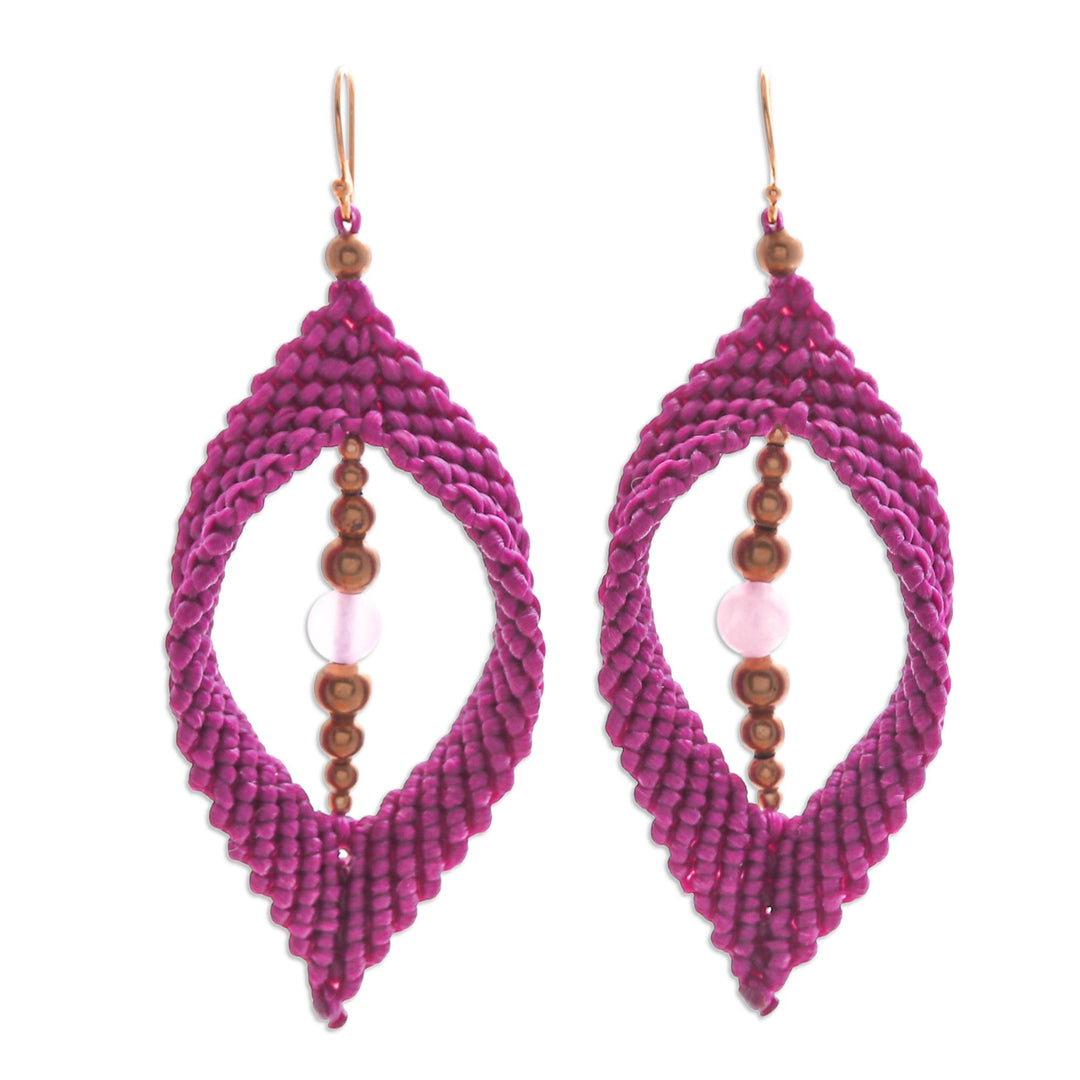 Rose Quartz & Brass Beads Macrame Dangle Earrings in Fuchsia - Fuchsia Drop