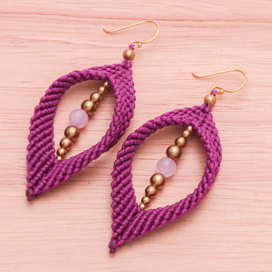 Rose Quartz & Brass Beads Macrame Dangle Earrings in Fuchsia - Fuchsia Drop