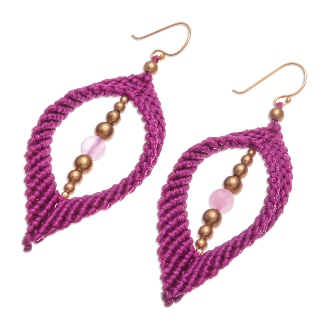 Rose Quartz & Brass Beads Macrame Dangle Earrings in Fuchsia - Fuchsia Drop