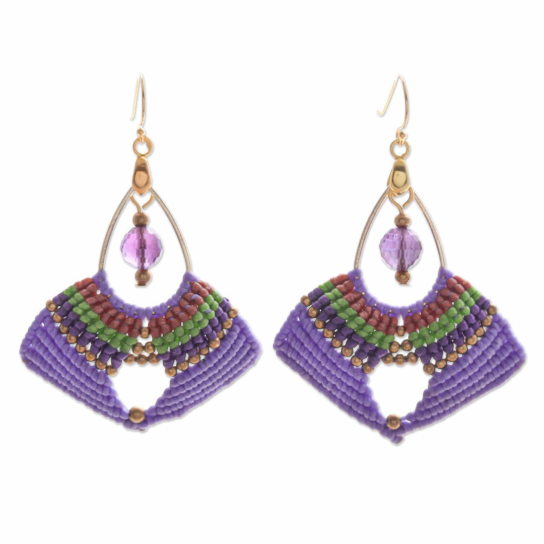 Handcrafted Purple Macrame Dangle Earrings with Glass Beads - Purple Flight