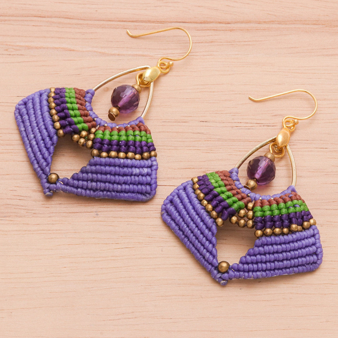 Handcrafted Purple Macrame Dangle Earrings with Glass Beads - Purple Flight