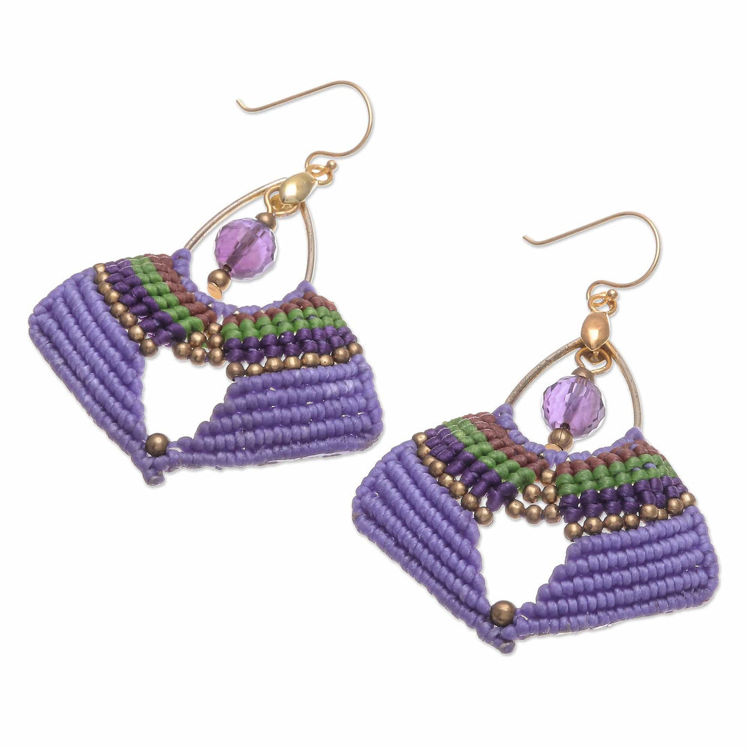 Handcrafted Purple Macrame Dangle Earrings with Glass Beads - Purple Flight