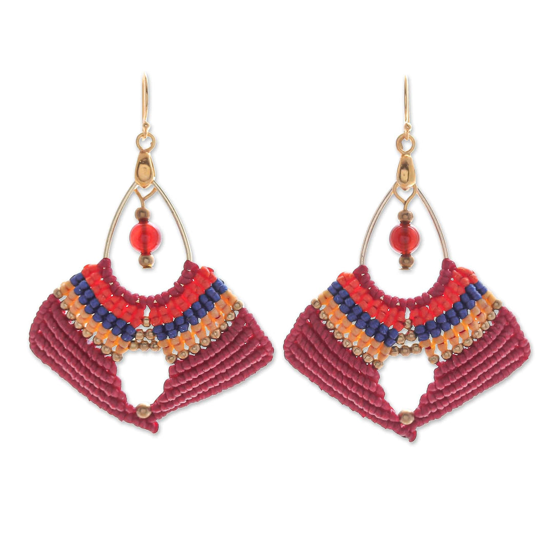 Handcrafted Carnelian Macrame Dangle Earrings in Red - Red Flight
