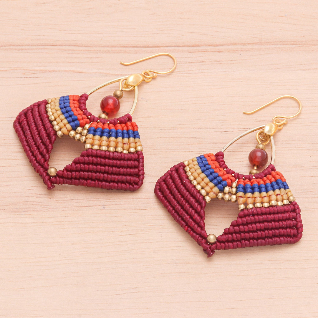 Handcrafted Carnelian Macrame Dangle Earrings in Red - Red Flight