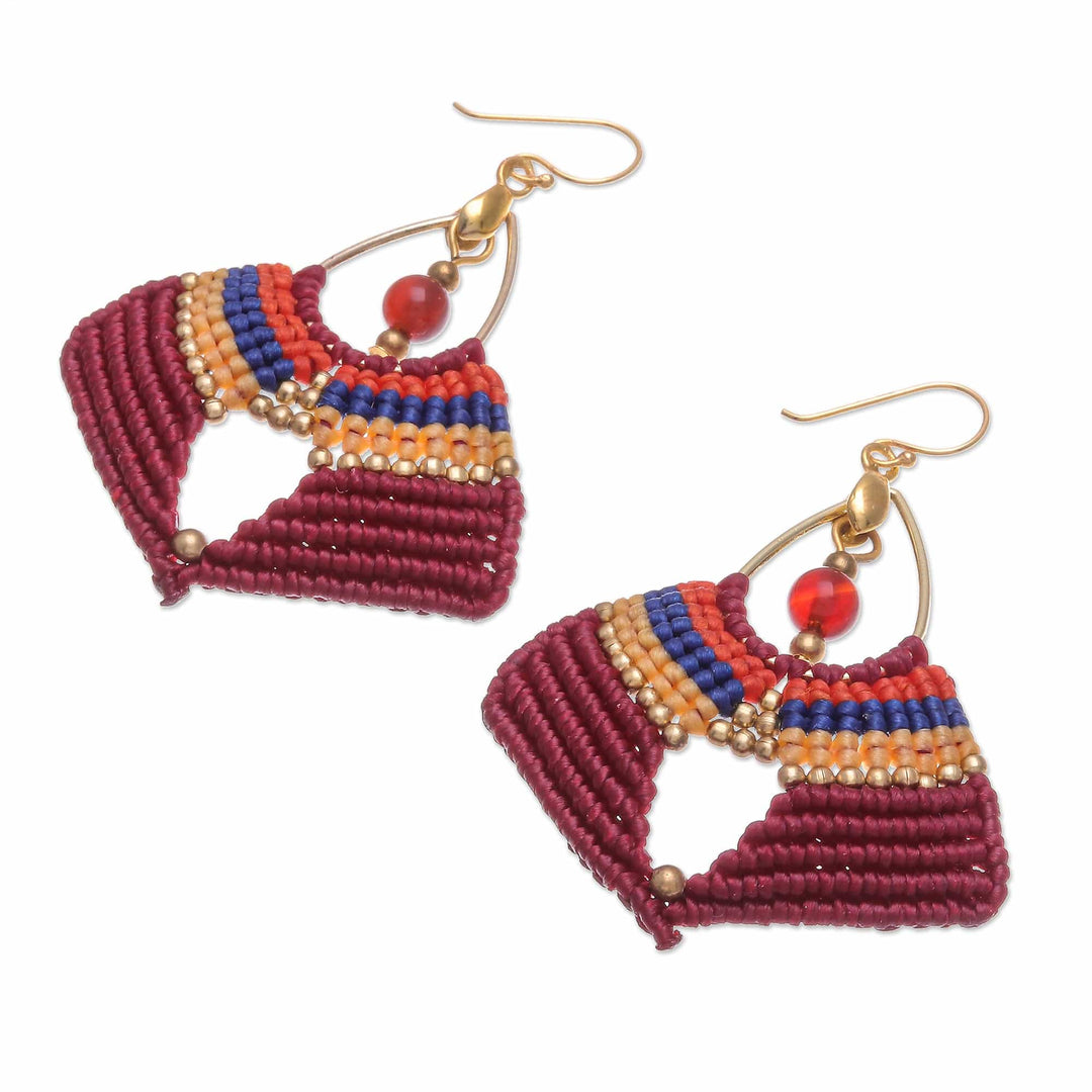 Handcrafted Carnelian Macrame Dangle Earrings in Red - Red Flight