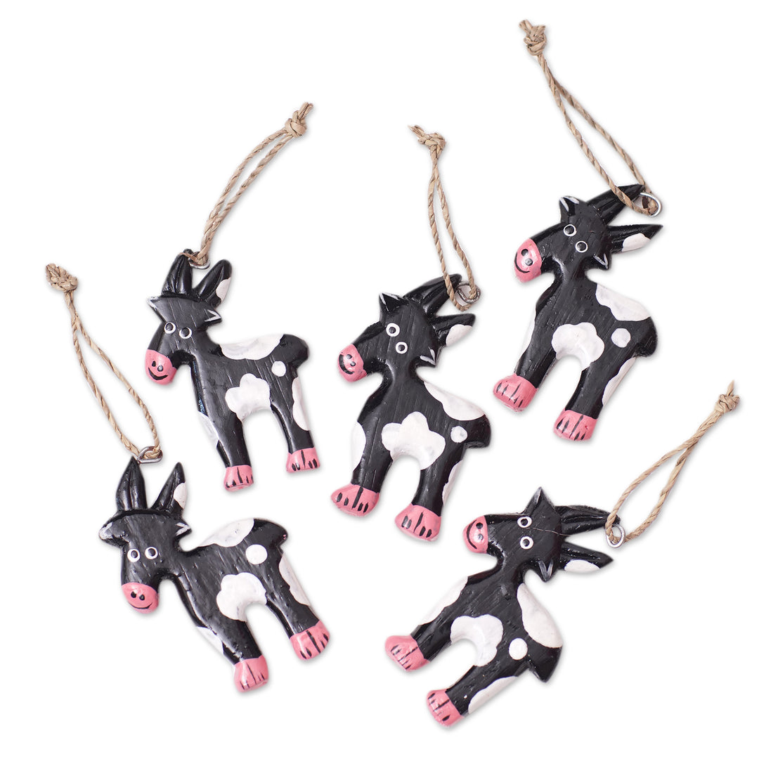 Set of 5 Handcrafted Albesia Wood Deer Ornaments in Black - Night Deers