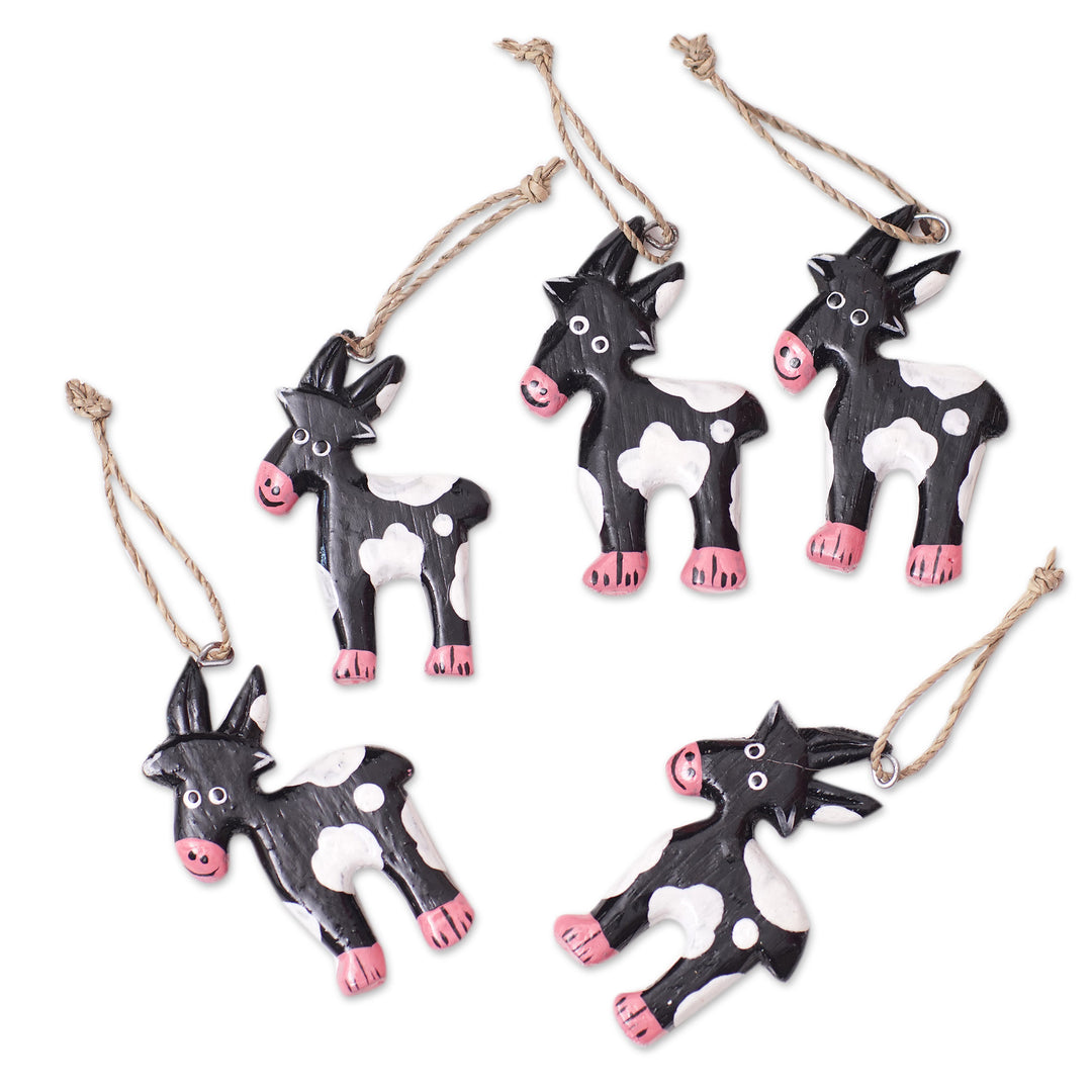 Set of 5 Handcrafted Albesia Wood Deer Ornaments in Black - Night Deers