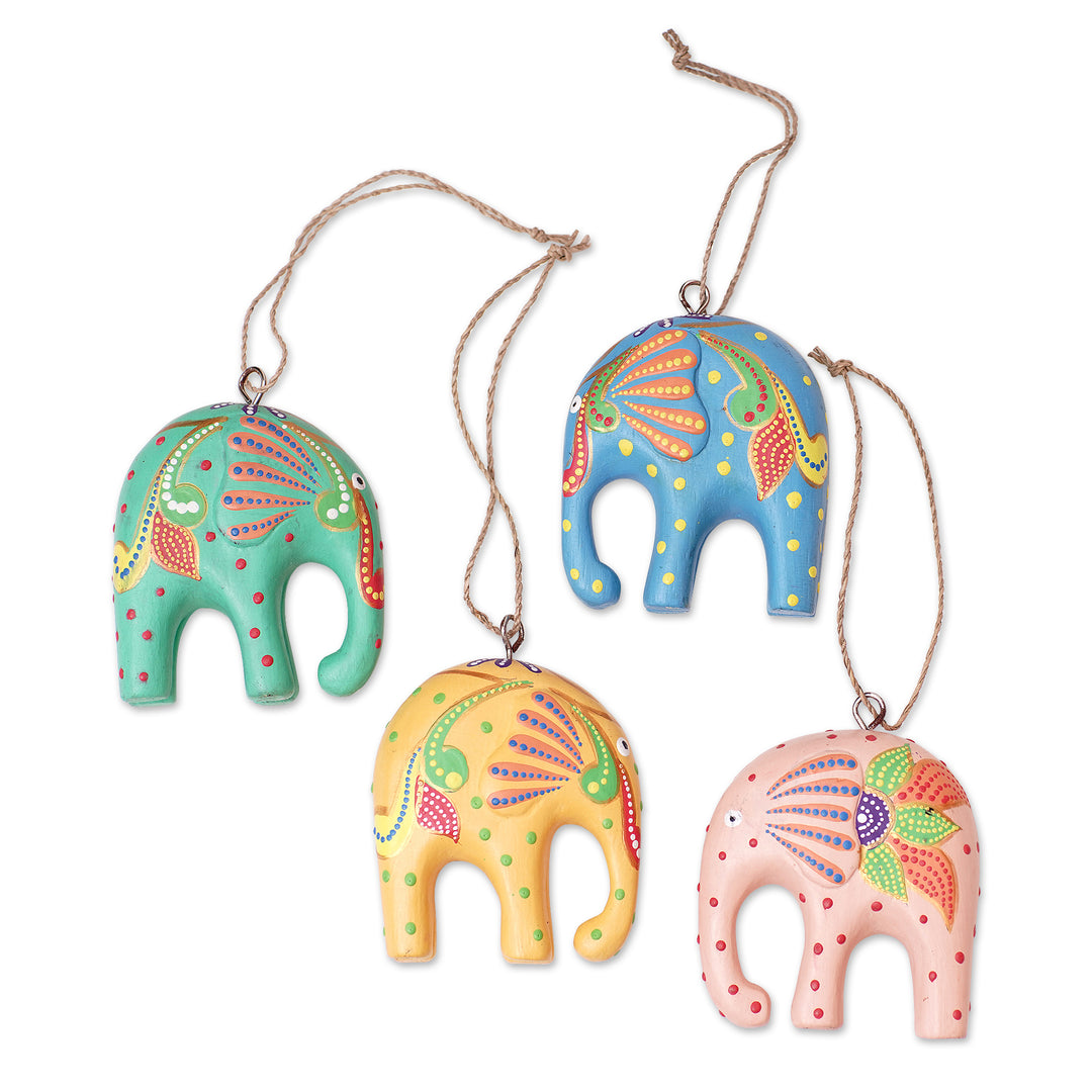 Handcrafted Multicolor Elephant Wood Ornaments (Set of 4) - Sweet Trunks