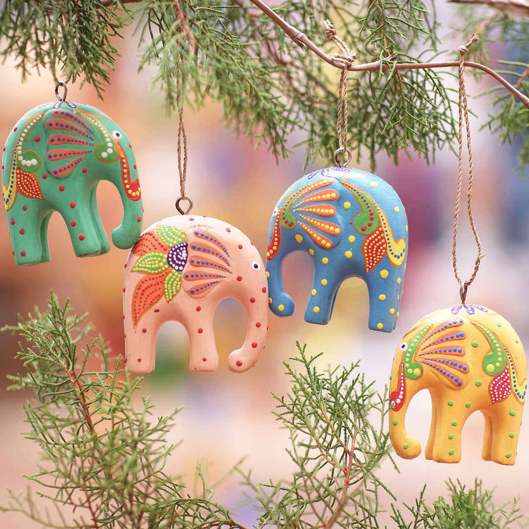 Handcrafted Multicolor Elephant Wood Ornaments (Set of 4) - Sweet Trunks