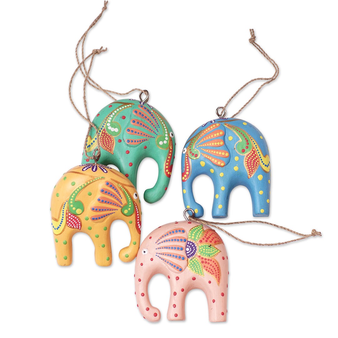 Handcrafted Multicolor Elephant Wood Ornaments (Set of 4) - Sweet Trunks