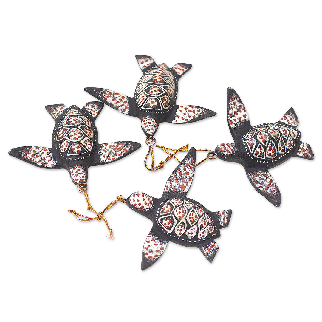 Handcrafted Jempinis Wood Sea Turtle Ornaments (Set of 4) - Serene Shells