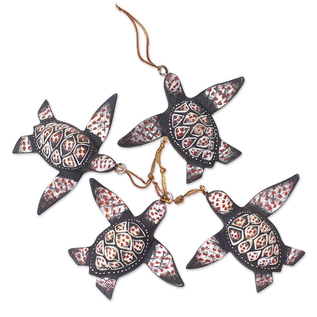 Handcrafted Jempinis Wood Sea Turtle Ornaments (Set of 4) - Serene Shells