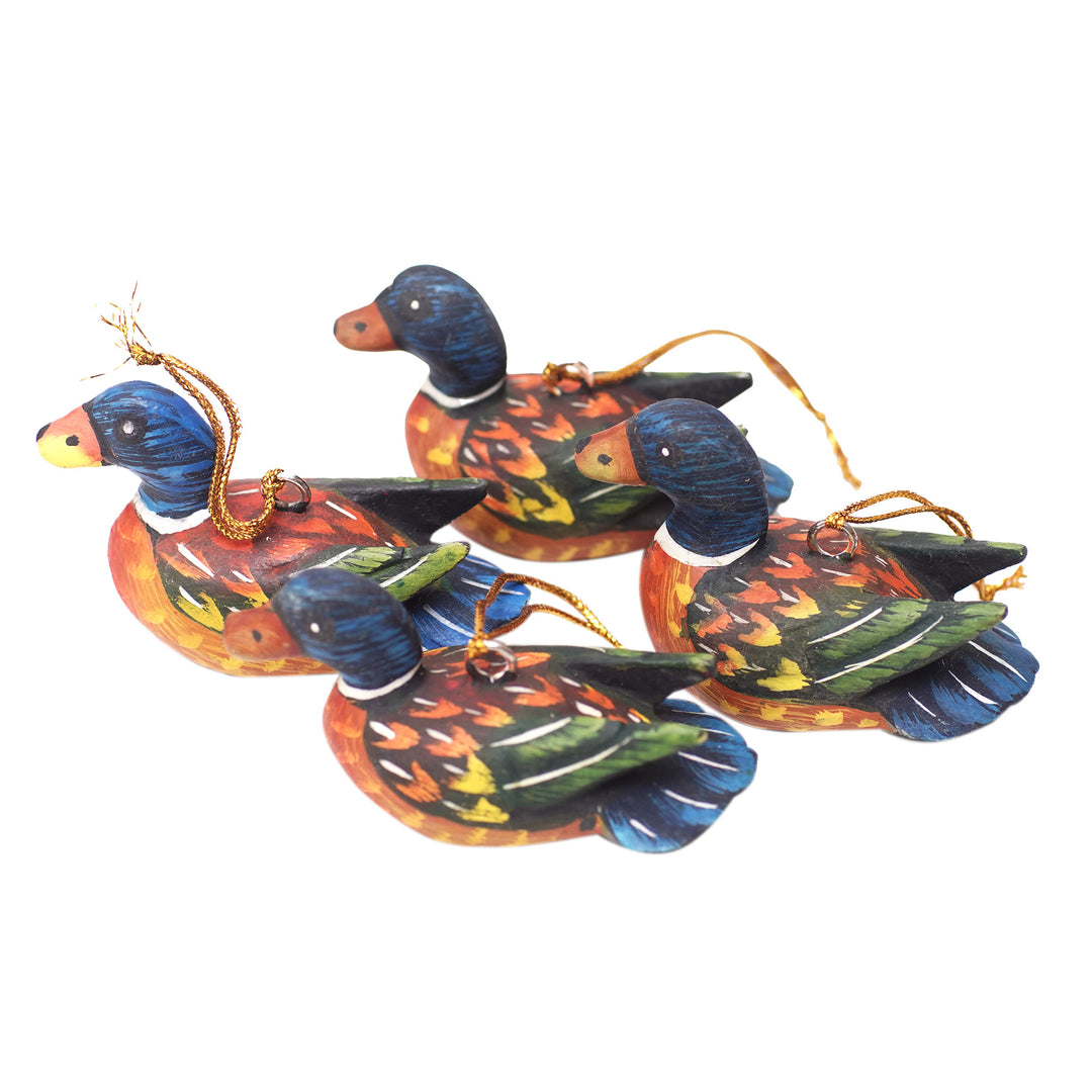 Handcrafted Jempinis Wood Duck Ornaments (Set of 4) - Dazzling Plumage